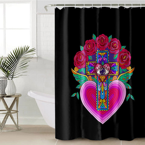 Image of Old School Cross Heart Illustration Pink Color SWYL5356 Shower Curtain