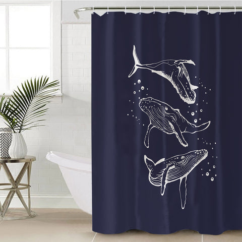 Image of Three Big Whales White Sketch Navy Theme SWYL5450 Shower Curtain