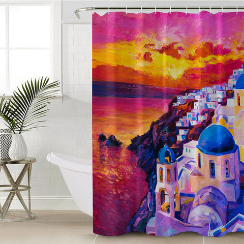 Image of Beautiful Sunset Watercolor Italia Landscape View SWYL5475 Shower Curtain