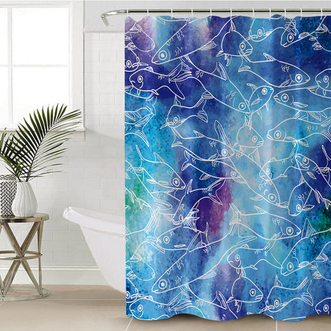 Image of Multi Small Fishes White Line Ocean Theme SWYL5498 Shower Curtain