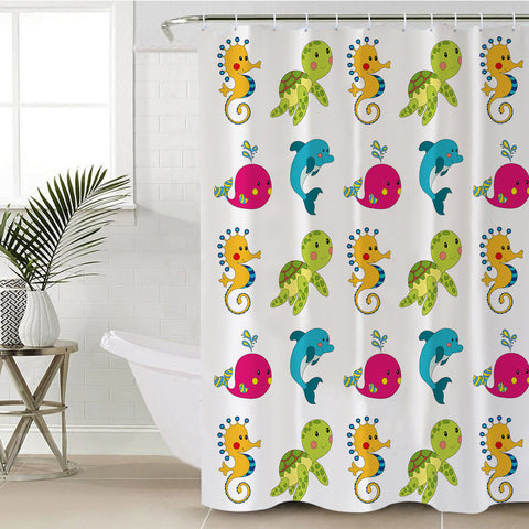 Image of Colorful Cute Tiny Marine Creatures White Theme SWYL6121 Shower Curtain