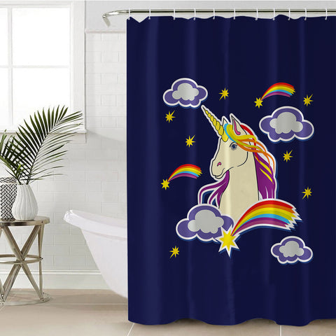 Image of Beautiful Unicorn Illustration Dark Blue Theme SWYL6135 Shower Curtain