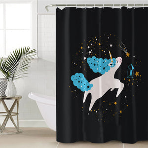 Flying Cute Blue Hair Unicorn In Universe SWYL6222 Shower Curtain