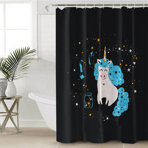 Smiling Blue Hair Unicorn Among Stars SWYL6224 Shower Curtain
