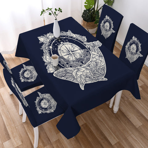 Image of Vintage Floral Whale & Compass Navy Theme SWZB3930 Waterproof Tablecloth