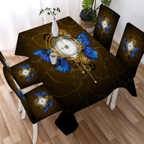 Image of Vintage Golden Clock Blue Butterfly SWZB4122 Waterproof Tablecloth