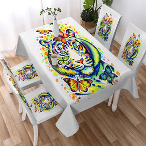 Colorful Watercolor Tiger Sketch & Butterfly SWZB4222 Waterproof Tablecloth