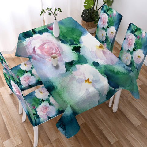 Image of White Flowers & Green Leaves Watercolor Painting SWZB4409 Waterproof Tablecloth