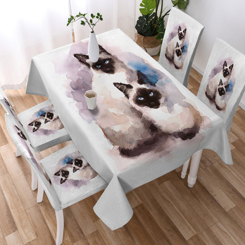 Image of Two Thai Cats Blue & Purple Theme Watercolor Painting SWZB4410 Waterproof Tablecloth