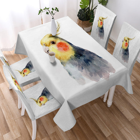 Image of Yellow & Black Parrot White Theme Watercolor Painting SWZB4417 Waterproof Tablecloth