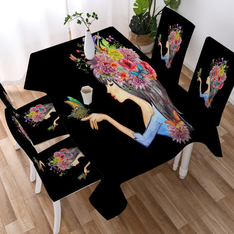Image of Butterfly Standing On Hand Of Floral Hair Lady SWZB4424 Waterproof Tablecloth