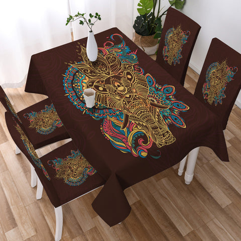 Image of Golden Elephant Buddha Mandala Brown Theme SWZB4425 Waterproof Tablecloth