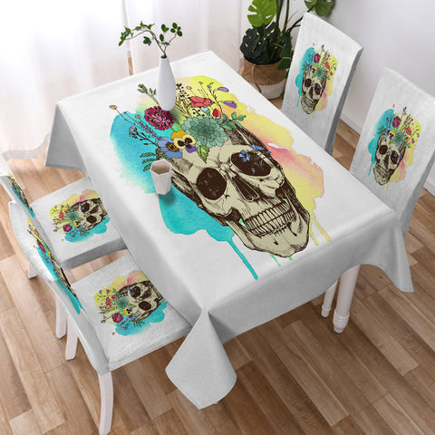 Image of Colorful Flowers On Skull Watercolor Background SWZB4430 Waterproof Tablecloth