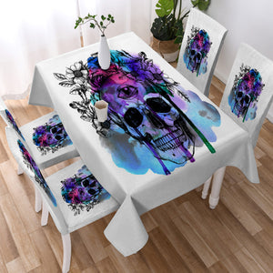 Floral Skull Black Sketch Blue & Pink Watercolor SWZB4433 Waterproof Tablecloth
