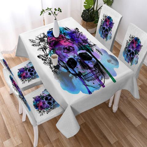 Image of Floral Skull Black Sketch Blue & Pink Watercolor SWZB4433 Waterproof Tablecloth