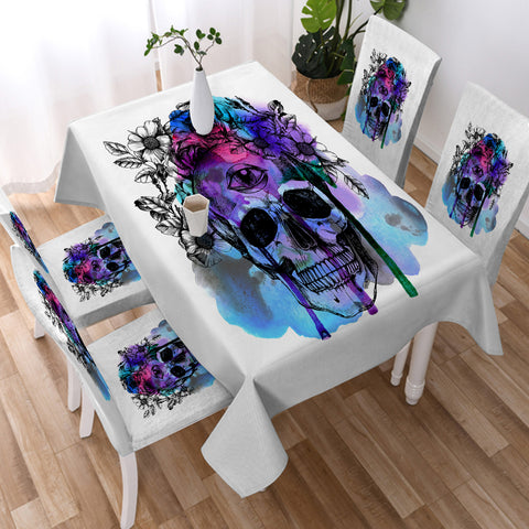 Image of Floral Skull Black Sketch Blue & Pink Watercolor  WZB4433 Waterproof Tablecloth