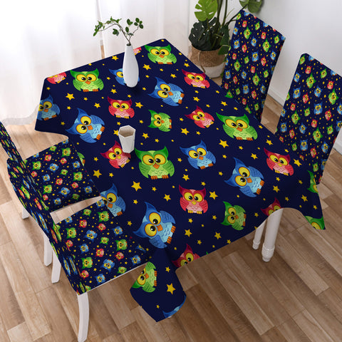 Image of Multi Cute Colorful Owls Night Sky Illustration SWZB4448 Waterproof Tablecloth