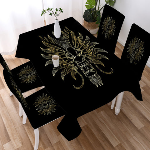 Image of Golden Asian Dragon Head Black Theme SWZB4598 Waterproof Tablecloth