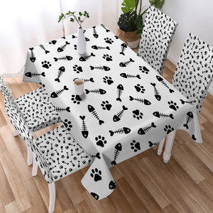 B&W Cute Fish Bone & Dog Footprint Monogram SWZB4605 Waterproof Tablecloth