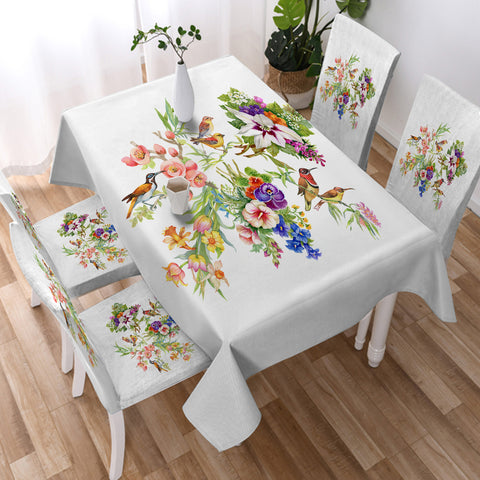 Image of Multi Flowers & Sunbirds White Theme SWZB4732 Waterproof Tablecloth