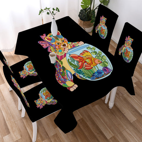 Image of Colorful Geometric Cat & Fishbowl SWZB4743 Waterproof Tablecloth