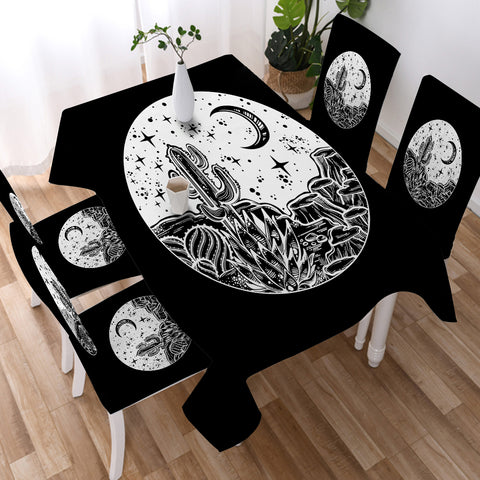 Image of B&W Gothic Cactus In Night Sketch SWZB5160 Waterproof Table Cloth