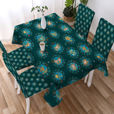Image of Multi Animal Zodiac Sign Green Theme SWZB5164 Waterproof Table Cloth