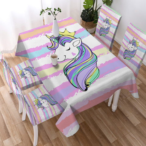Image of Happy Unicorn Queen Crown Colorful Stripes SWZB5203 Waterproof Tablecloth