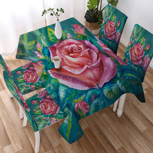 Watercolor Pink Roses Green Theme SWZB5250 Waterproof Table Cloth