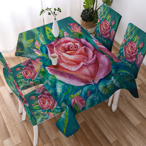 Image of Watercolor Pink Roses Green Theme SWZB5250 Waterproof Table Cloth