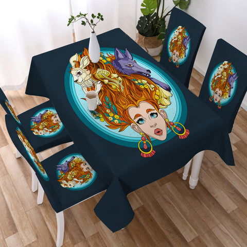 Image of Jungle Lady Rabbit & Wolf Illustration SWZB5337 Waterproof Table Cloth