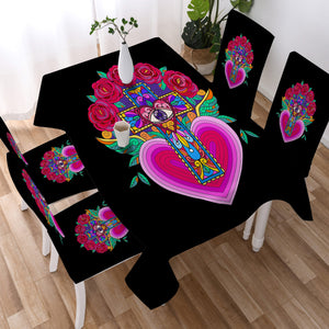 Old School Cross Heart Illustration Pink Color SWZB5356 Waterproof Table Cloth