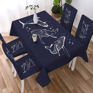 Three Big Whales White Sketch Navy Theme SWZB5450 Waterproof Table Cloth