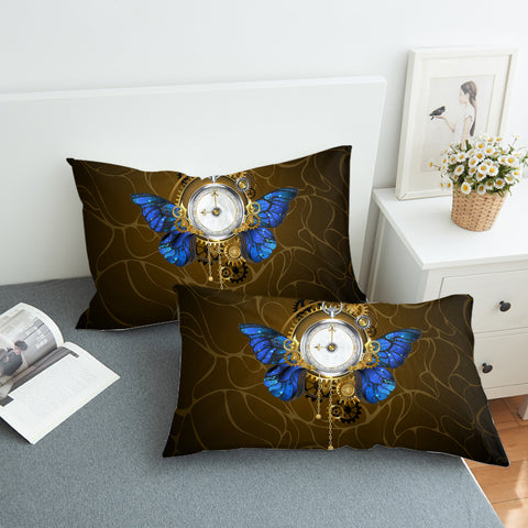 Image of Vintage Golden Clock Blue Butterfly SWZT4122 Pillowcase