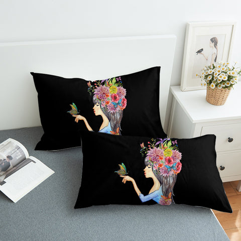 Image of Butterfly Standing On Hand Of Floral Hair Lady SWZT4424 Pillowcase