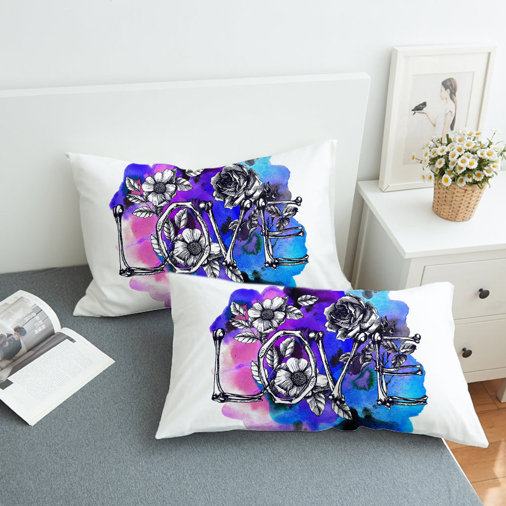 Dark Love Bone and Flowers Blue & Pink Watercolor SWZT4435 Pillowcase