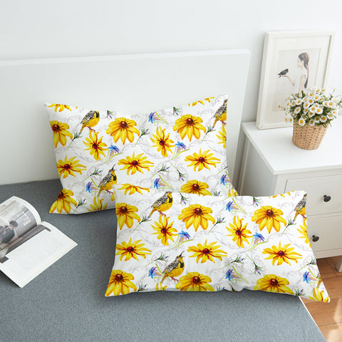 Image of Multi Yellow Aster Flowers & Sunbirds SWZT5353 Pillowcase