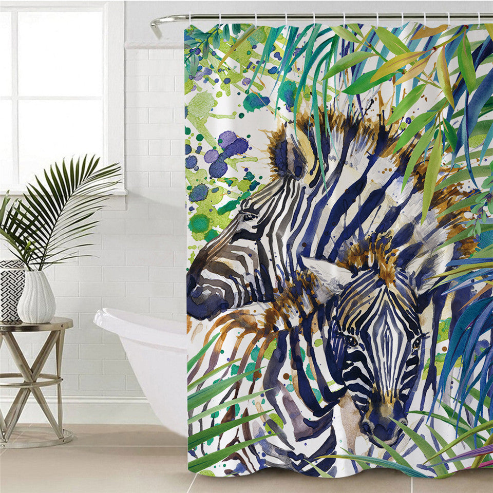 Zebra Family Flora Themed Shower Curtain