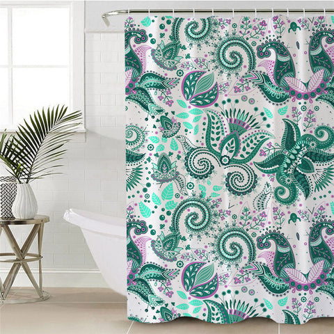 Image of Greenn & Purple Leaves Motif Shower Curtain