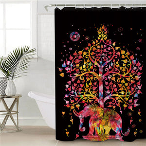 Tree Of Life Elephant Shower Black Curtain