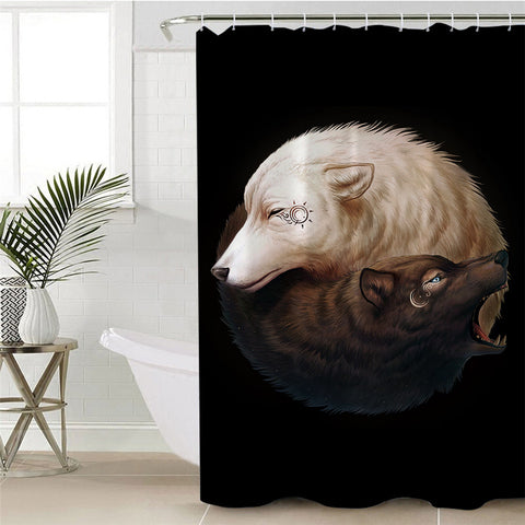 Image of Ying Yang Wolves Black Shower Curtain