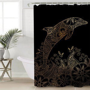 Golden Dolphin Black Shower Curtain