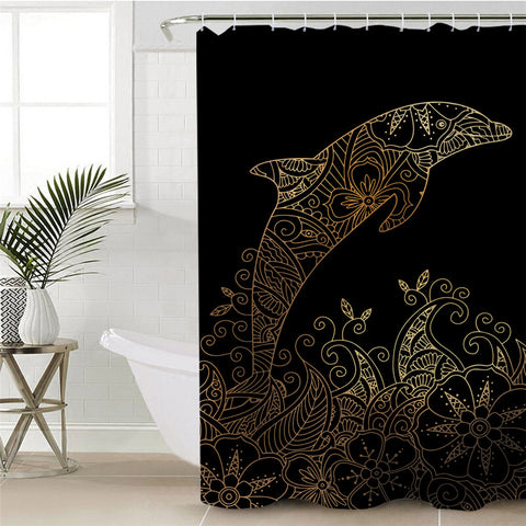 Image of Golden Dolphin Black Shower Curtain