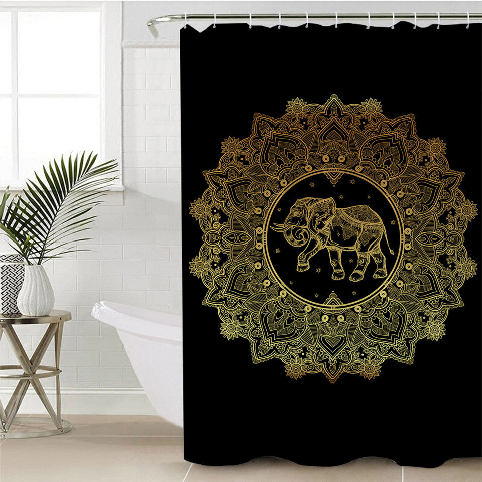 Golden Elephant Mandala Themed Shower Curtain