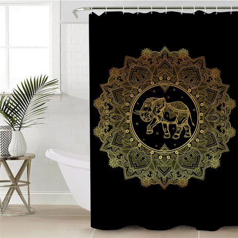 Image of Golden Elephant Mandala Themed Shower Curtain