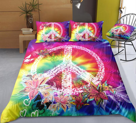 Tie-Dyed Flowers Peace and Love Symbol Bedding Set - Beddingify