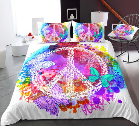 White Butterflies Peace and Love Symbol Bedding Set - Beddingify