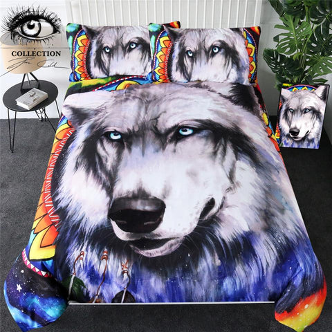 Image of Wolf Galaxy by Pixie Cold Art Comforter Set - Beddingify