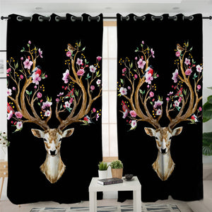 Black Flower Elk 2 Panel Curtains