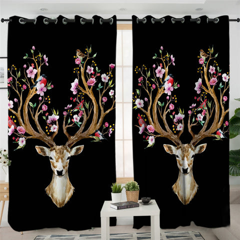 Image of Black Flower Elk 2 Panel Curtains